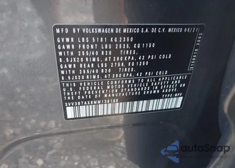 2021 Volkswagen Tiguan Se/Se R-Line Black/Sel z USA, uszkodzony, nr VIN 3VV3B7AX8MM138188
